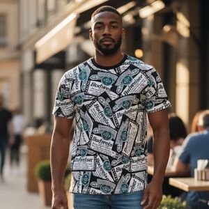 #318 NWOT Budweiser Logo Men's Tee - Black, White, and Teal